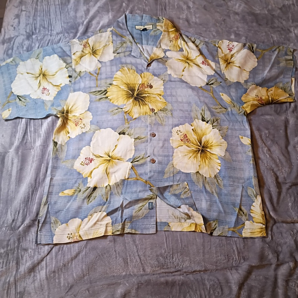 Tommy‎ Bahama Mens XL Blue Silk Hibiscus Floral Hawaiian Camp Shirt Relaxed Fit